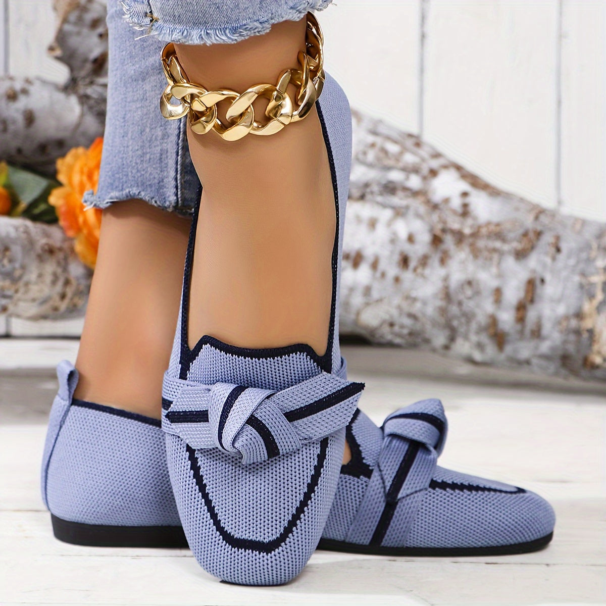 Women's Flat Shoes with Bow, Square Toe, Knitted Fabric, Slip-On, Lightweight