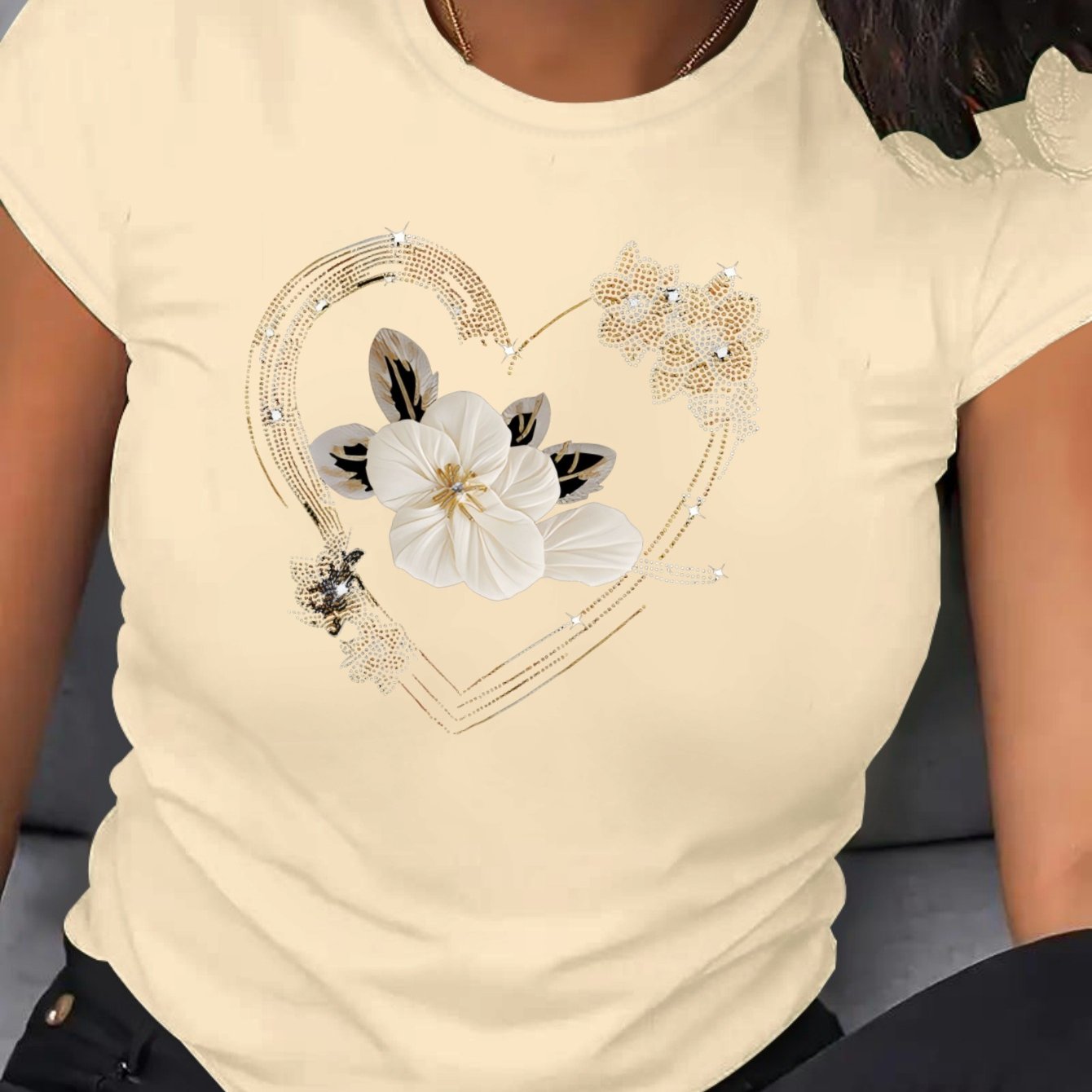 Plus Size Women's Floral Heart T-Shirt Breathable Polyester Short Sleeve