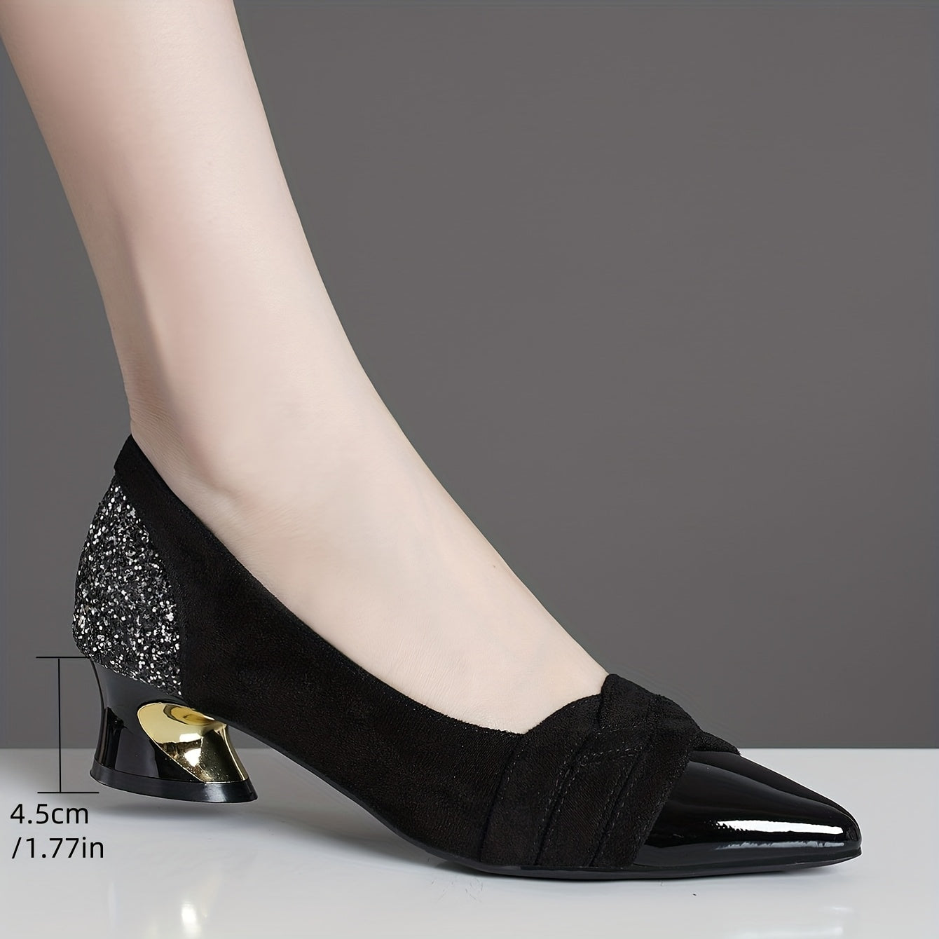 Women's Black Pointed Toe High Heels with Rhinestones and Chunky Heel