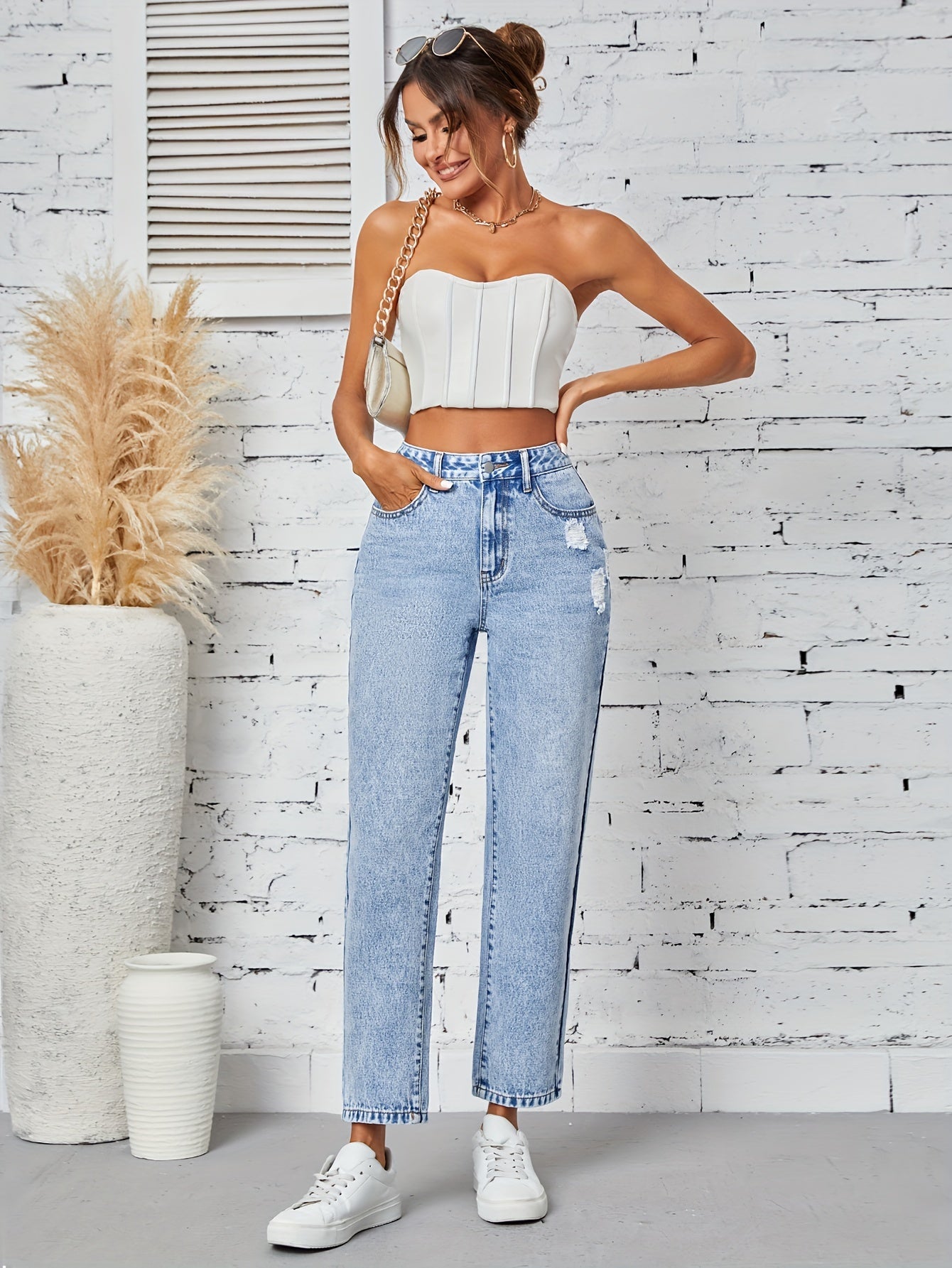 Women's Ripped High-Waisted Denim Jeans Grey Black Stretch Straight Leg Casual