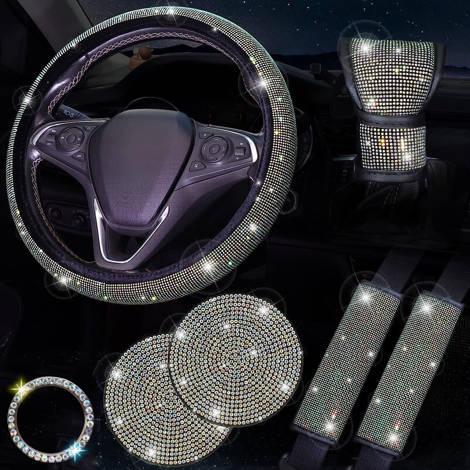 Juego de accesorios de coche con brillo para mujer: cubierta de volante, posavasos, protectores de cinturón, almohadillas para el hombro y cubierta de palanca de cambios