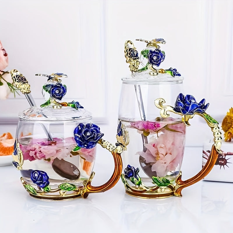 Taza de cristal esmaltado con diseño de mariposa y rosa, resistente al calor para café y agua
