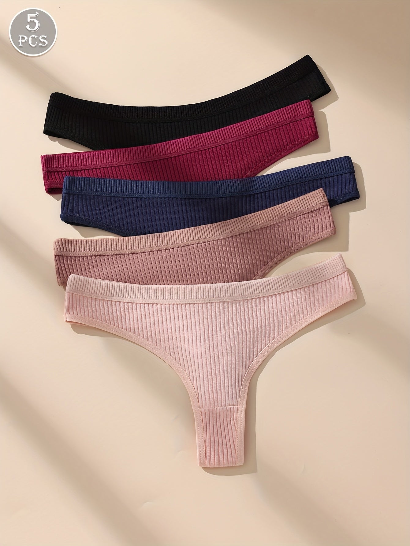 Ayollar uchun 5 ta to'plam pastki qism T-orqa thonglar, qulay moslik uchun tikuvsiz ribbed to'qima va mustahkam ranglardan tayyorlangan sexy paxta.