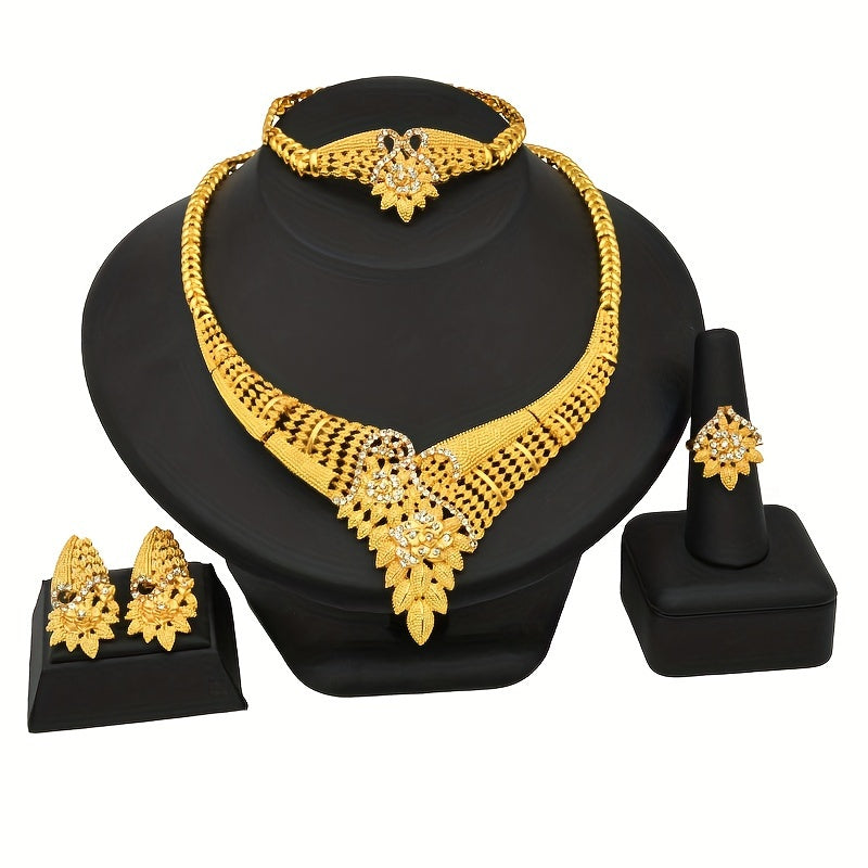 Gold Plated Hollow Flower Jewelry Set for Weddings and Parties Necklace Earrings Ring Bracelet