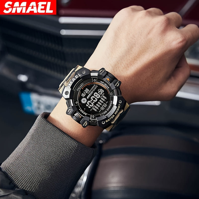 SMAEL Sports tomonidan tashqi tog‘larda yurish uchun ko‘p funksiyali LED tun chirog‘i qo‘l soati, katta dial, signal, kalendar va kamuflyaj tasmasi bilan.