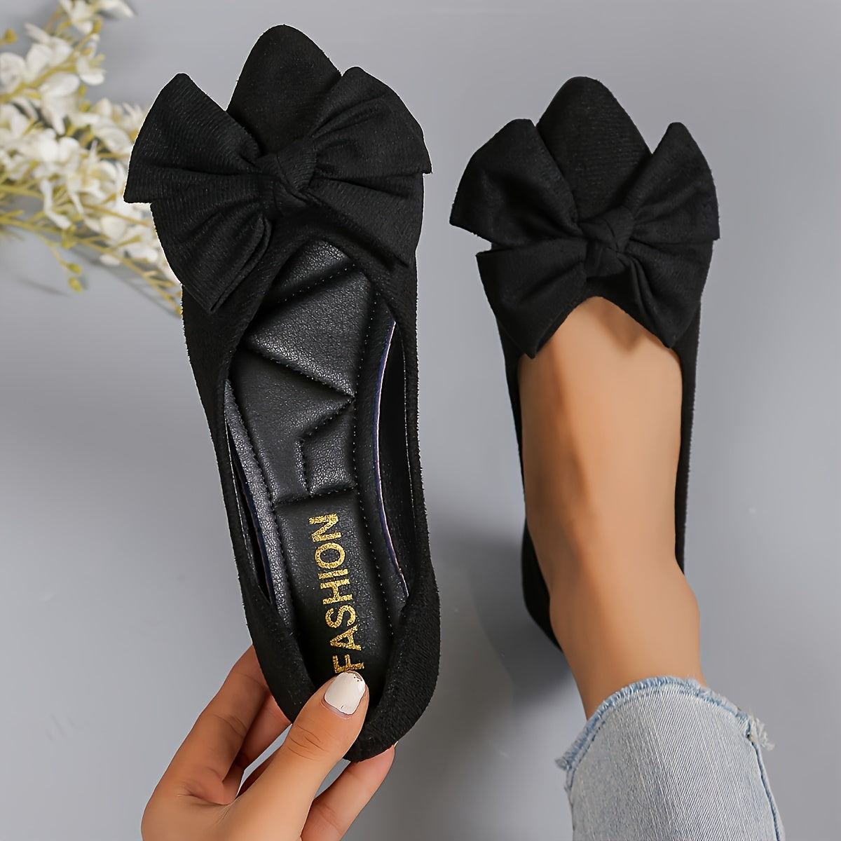 Zapatos planos de color sólido para todas las estaciones de mujer con lazo, suela de goma, cómodos, de tela