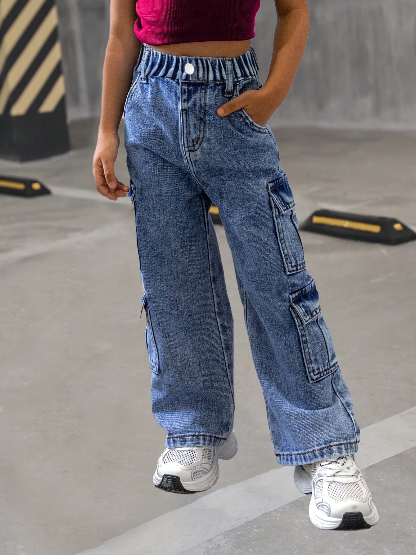 Джинсовые брюки-карго для девочек с эластичным поясом и многокарманным дизайном для возрастов 8-15 лет