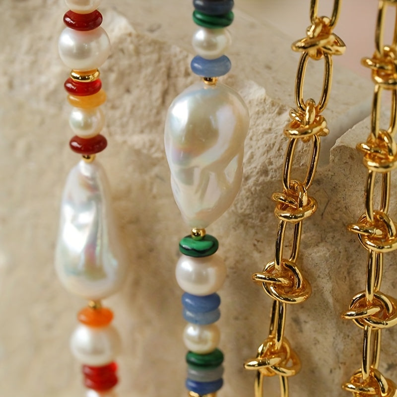Handcrafted Beaded Necklace with Freshwater Pearls and Colorful Chain for Women