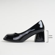 Women’s Glossy Black Mary Jane Shoes Square Toe High Block Heel Dress Footwear