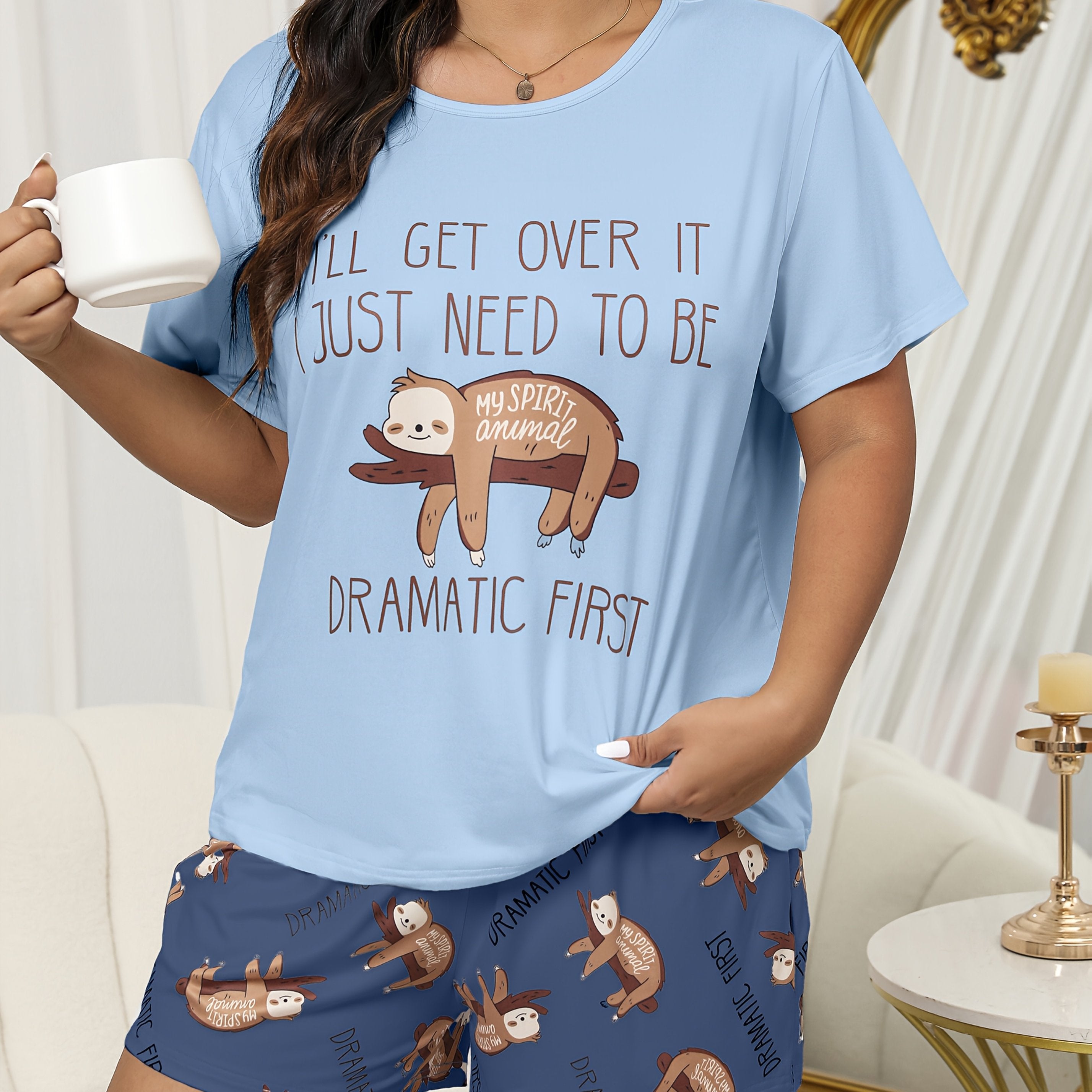 Plus Size Women's Sloth Print Pajama Set Light Blue Short Sleeve Shorts