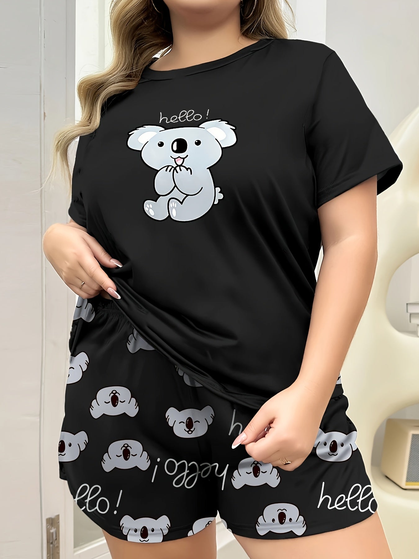 Plus Size Women's Pajama Set Cartoon Koala Print Short Sleeve Top and Bow Shorts