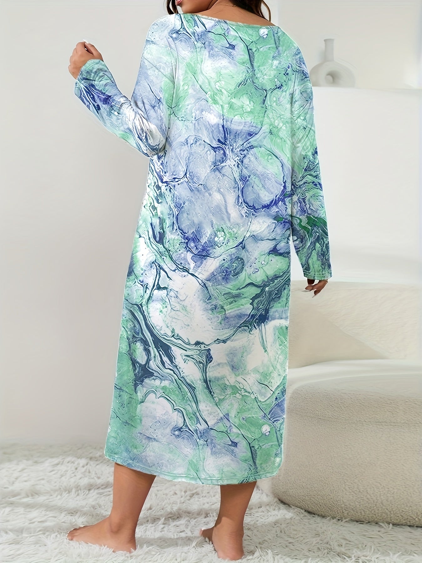 Plus Size Women's Sleep Dress Long Sleeve Tie-Dye Lounge Nightgown