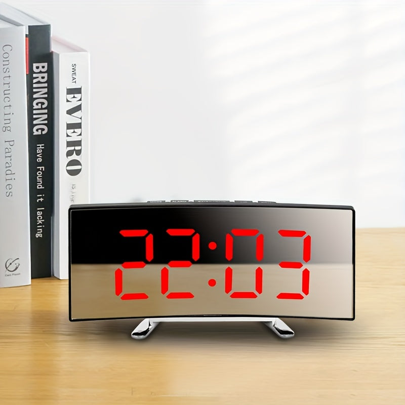 LED Alarm Clock with Curved Mirror Screen and Sleep Temperature for Bedroom Office and School