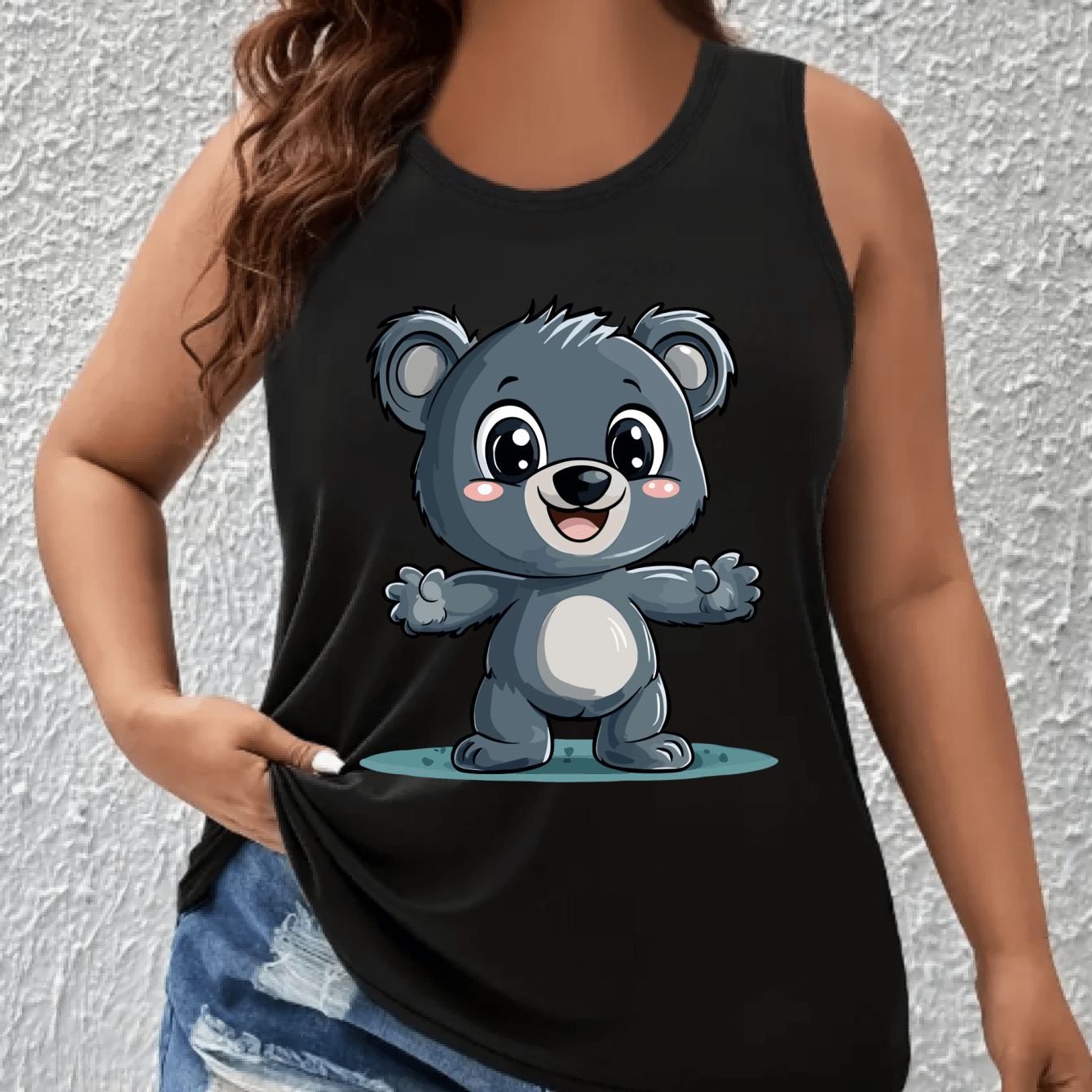 Women's Plus Size Off-Shoulder Vest Top With Cartoon Koala Print Breathable Stretchy Fabric