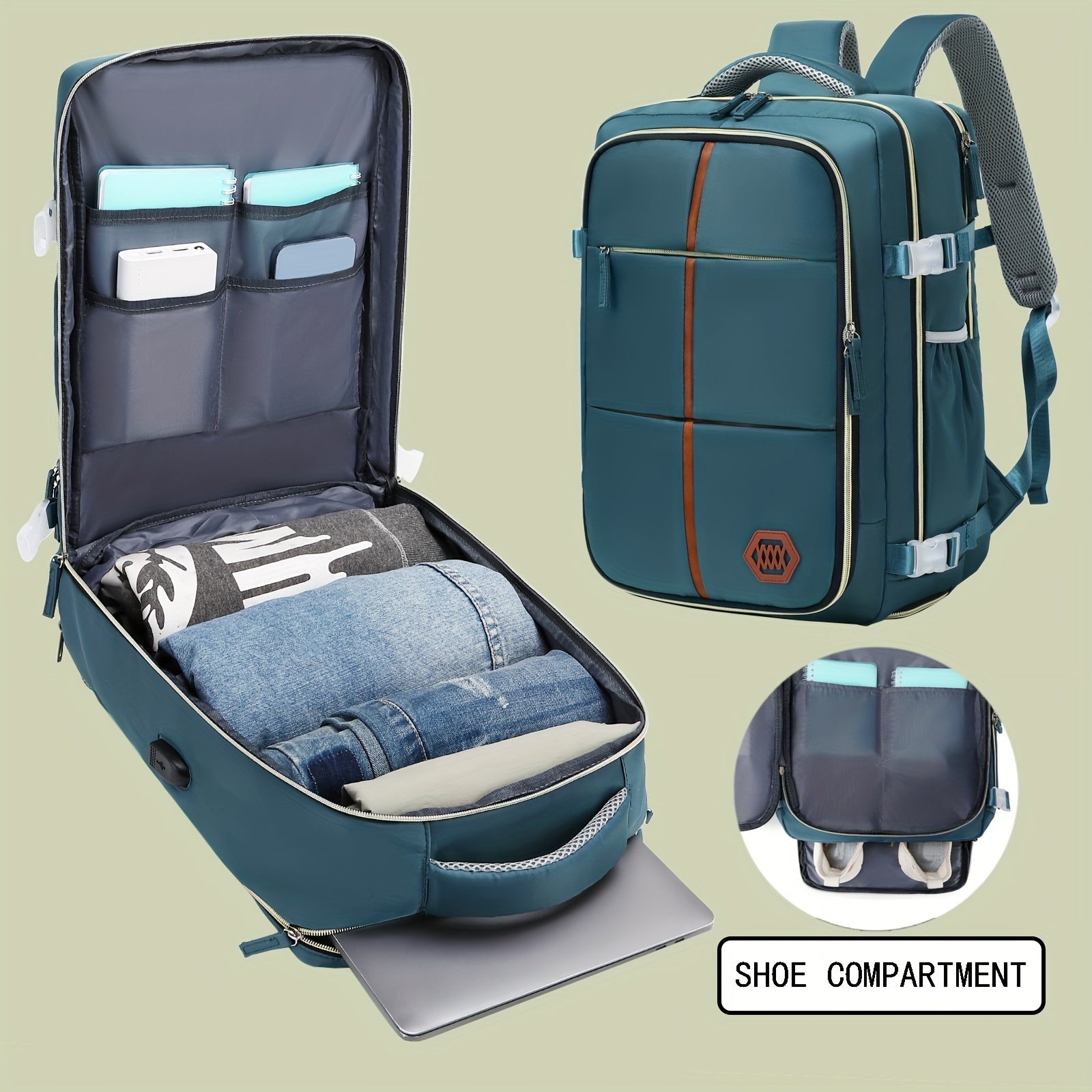 Oq va qora zamonaviy sayohat ruksak, poyabzal bo'limi, USB zaryadlash porti va ochiq havoda va maktabda foydalanish uchun chidamlilik.