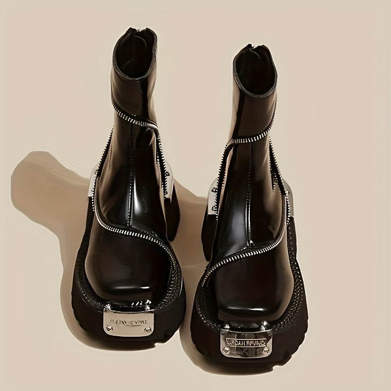 Women's Chunky Platform Boots Synthetic Black Slip-Resistant Zipper