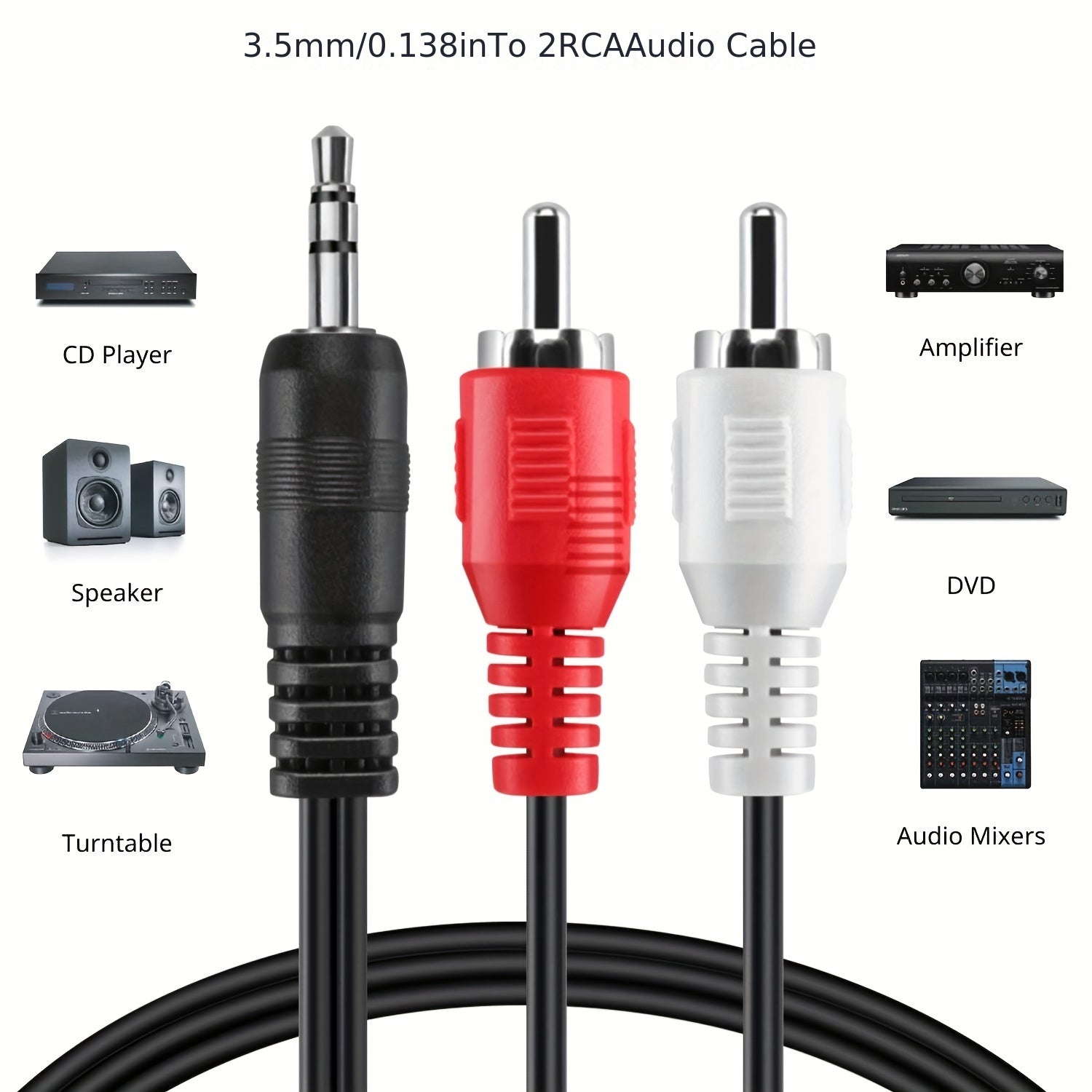 3.5mm to 2RCA Audio Cable 50ft Stereo Y Adapter for Smartphones Tablets Speakers HDTV