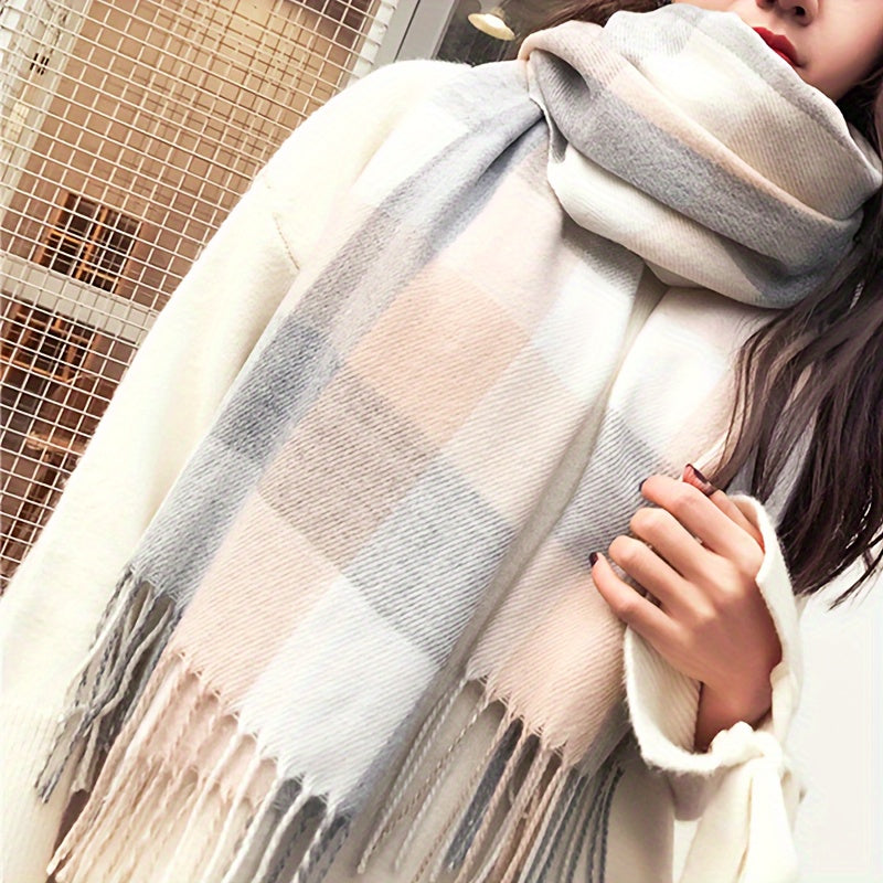 Stylish British-Inspired Plaid Scarf Set for Couples Warm Winter Shawls Blue White Pink