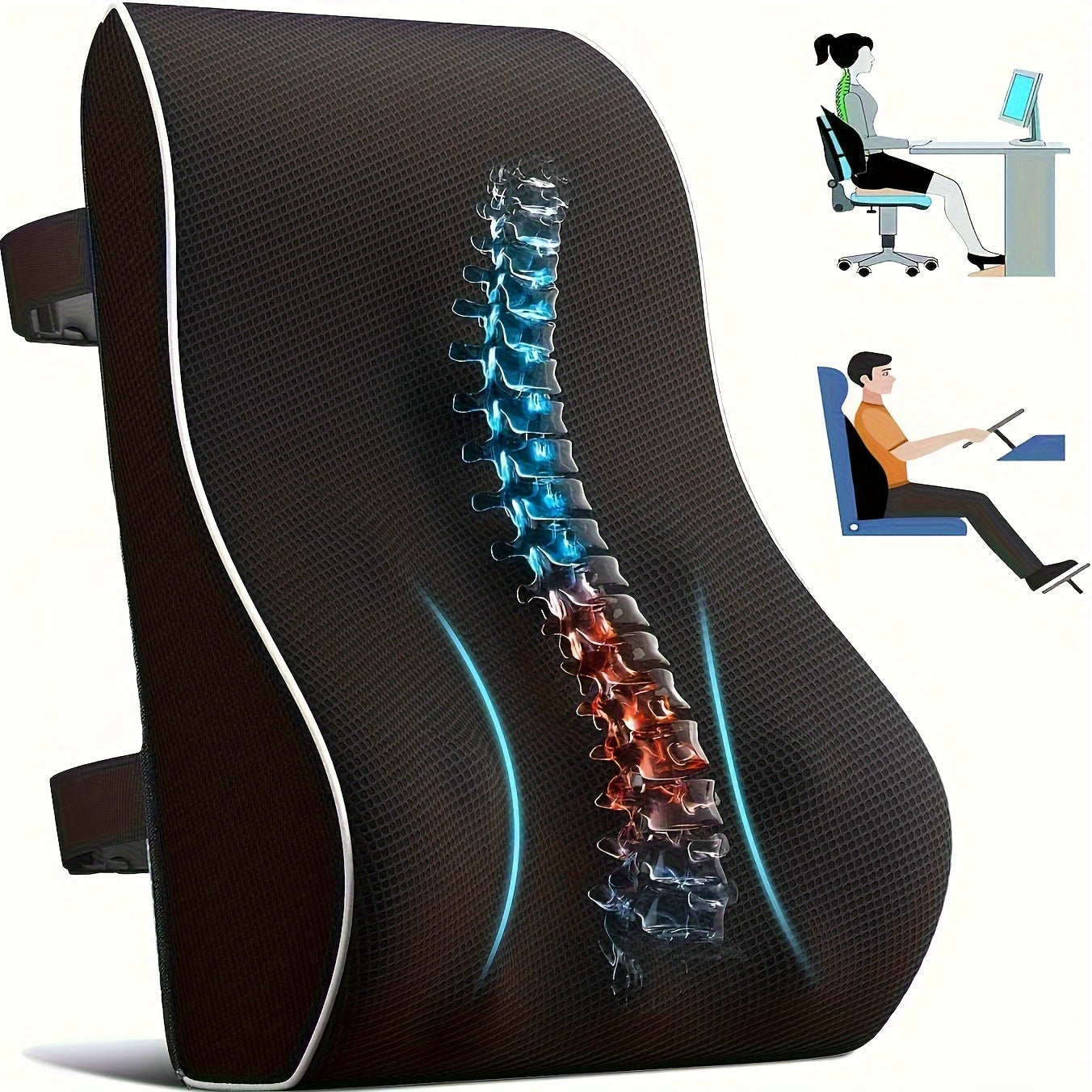Memory Foam Lumbar Support Pillow for Office Car Gaming Adjustable Straps