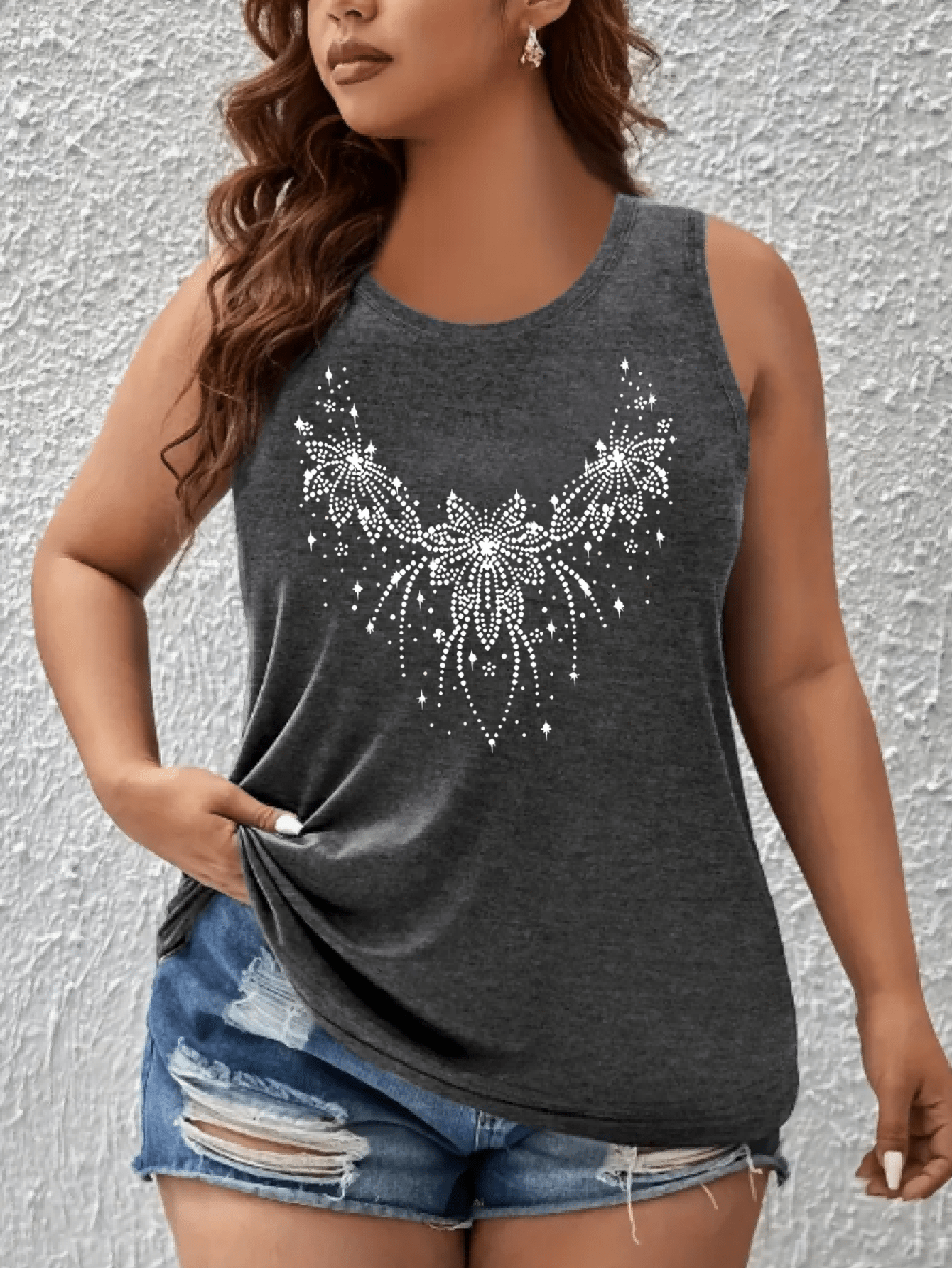 Plus Size Women's Off-Shoulder Vest Top Geometric Print Sleeveless Shirt Summer Breathable Stretch