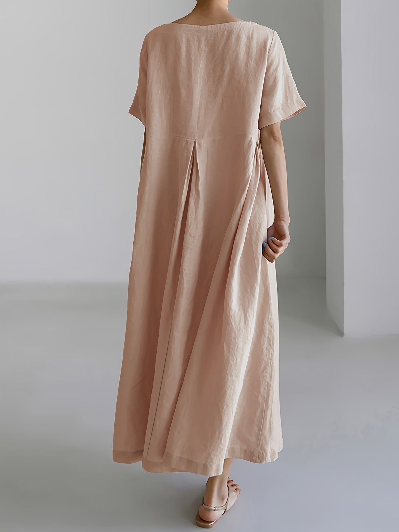 Платье из льна большого размера для женщин, короткий рукав, круглый вырез, летний повседневный стиль, длинная длина