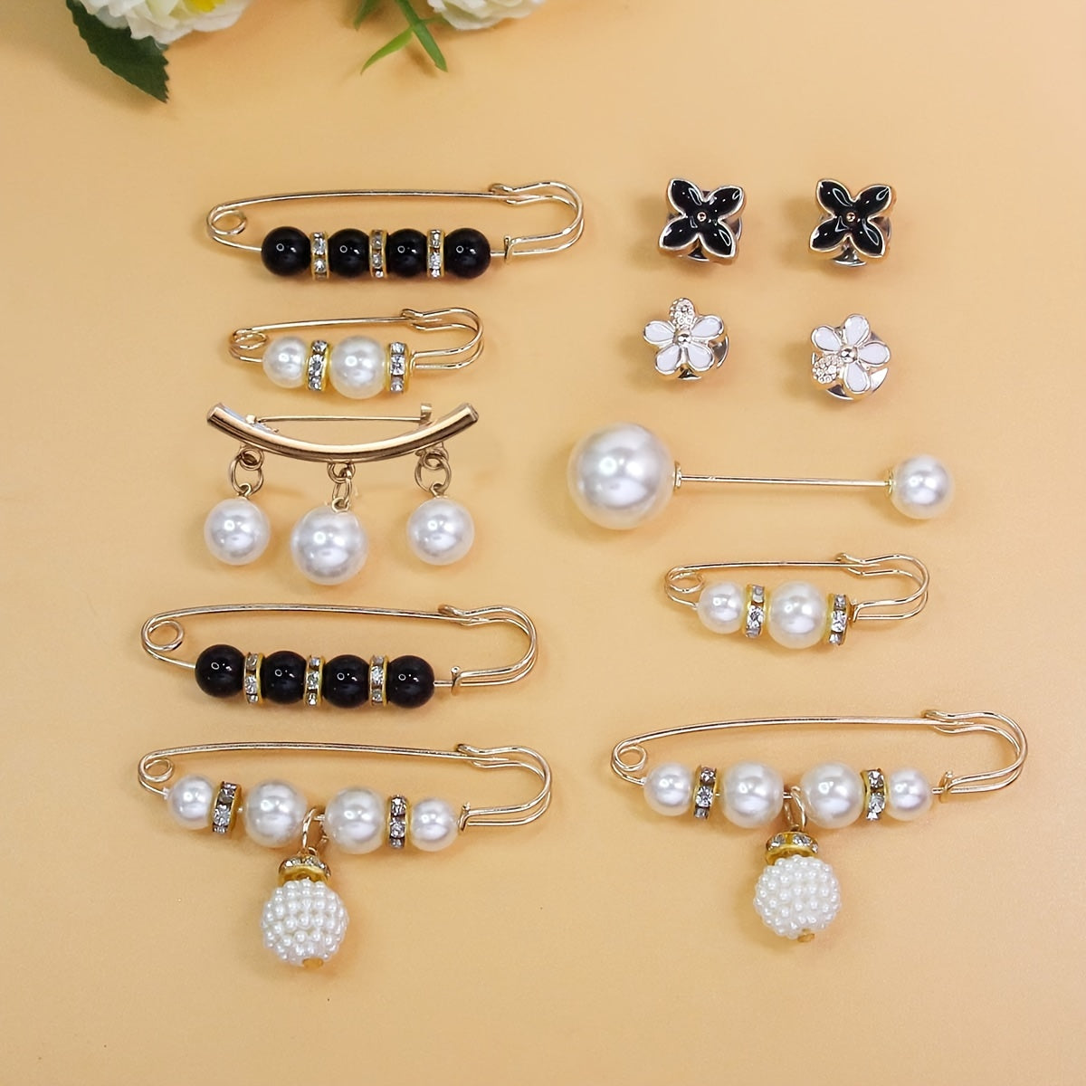 Set of 12 Faux Pearl Waist Pins Safety Pins for Sweaters Cardigans and Skirts