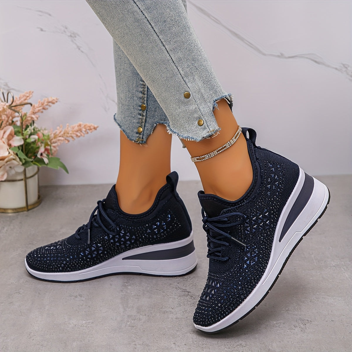 Women's Rhinestone Sneakers Black Casual Low-Top Lace-Up Comfort Footwear