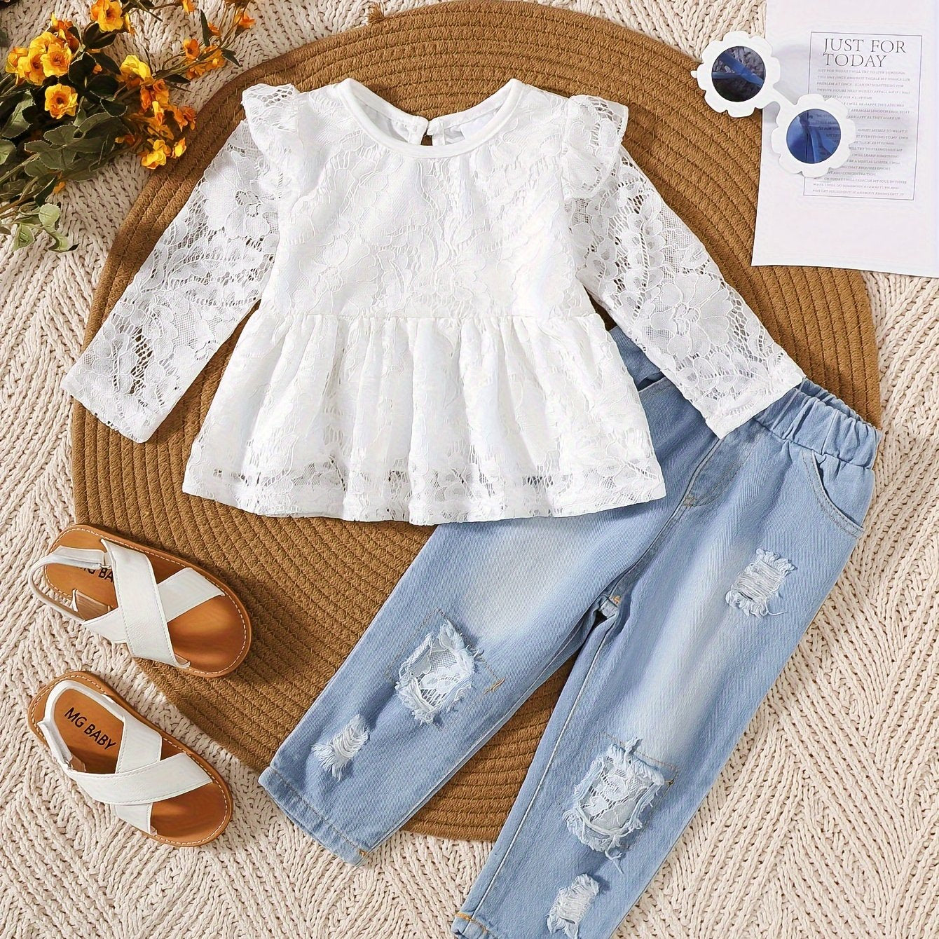 Girls' White Lace Fly Sleeve Top and Ripped Denim Jeans Set for Spring Summer Fall