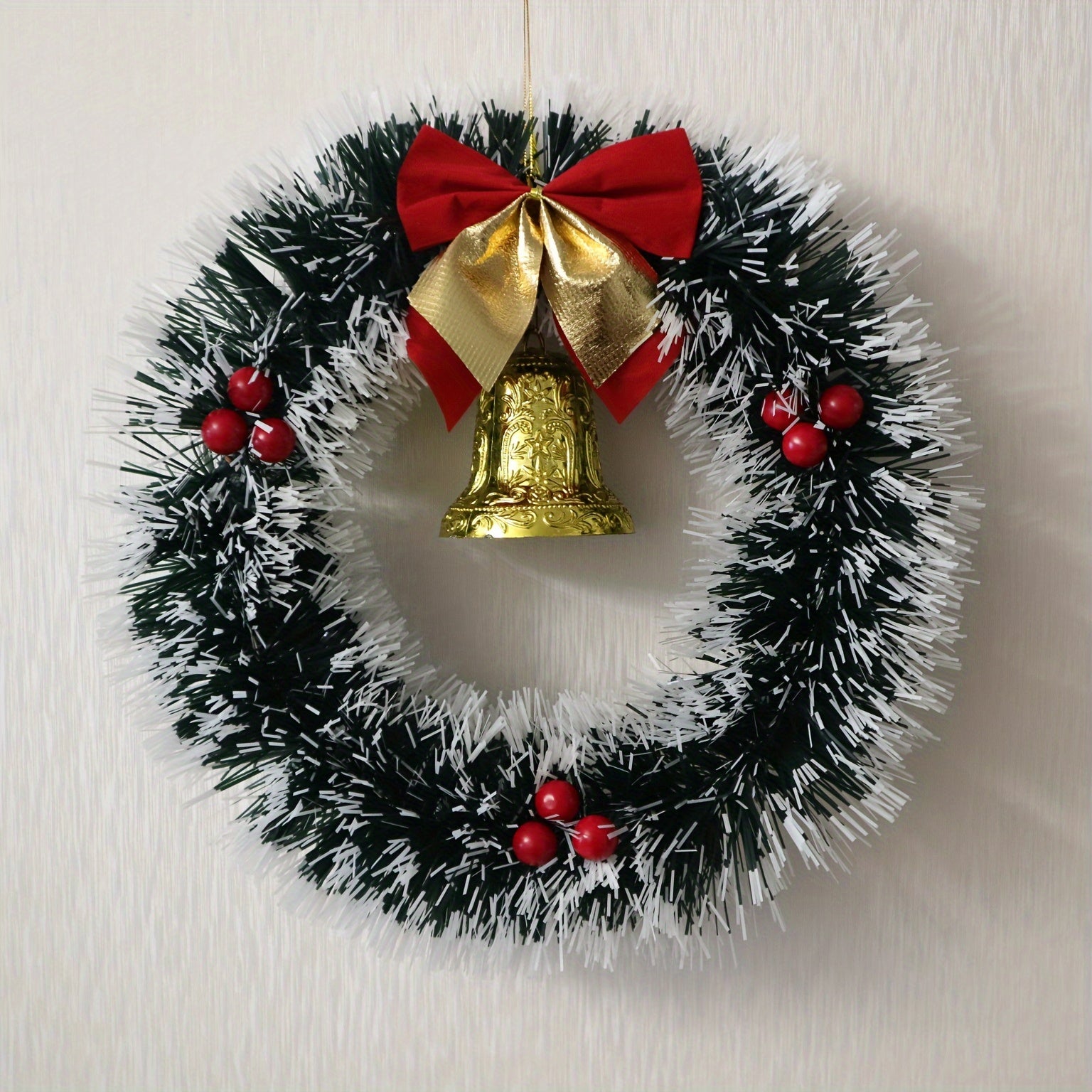 20/30cm Christmas Garland Dark Green White Edge Bells Red Fruit Bow