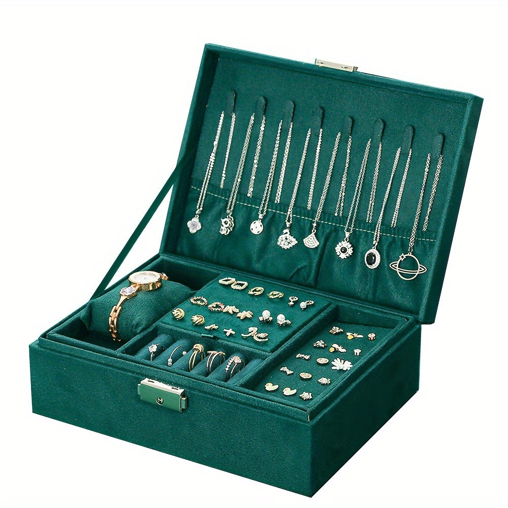 Caja de almacenamiento de joyas de doble capa y gran capacidad con cerradura para collares, relojes y pendientes