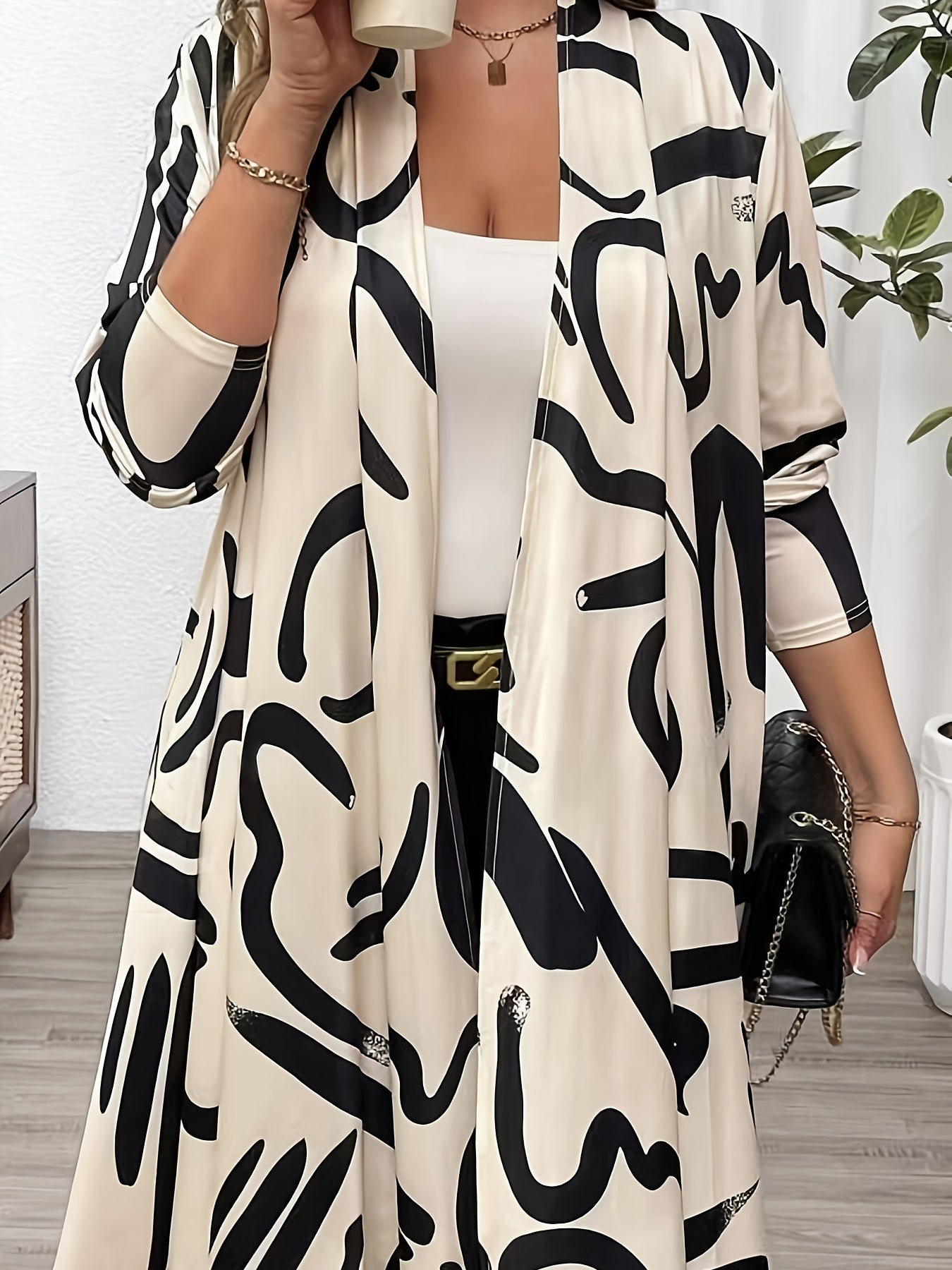 Women's Long Sleeve Cardigan with Tropical Print Halter Neck Knit Polyester for All Seasons