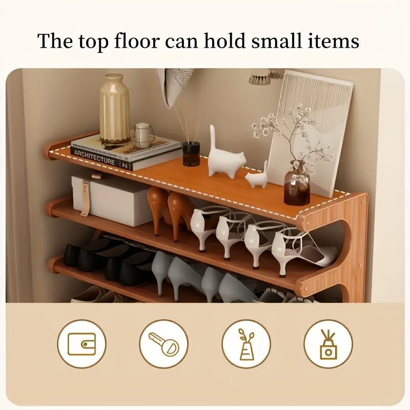 Wooden Shoe Rack with Two Layers and Square Storage Boxes, Narrow Design