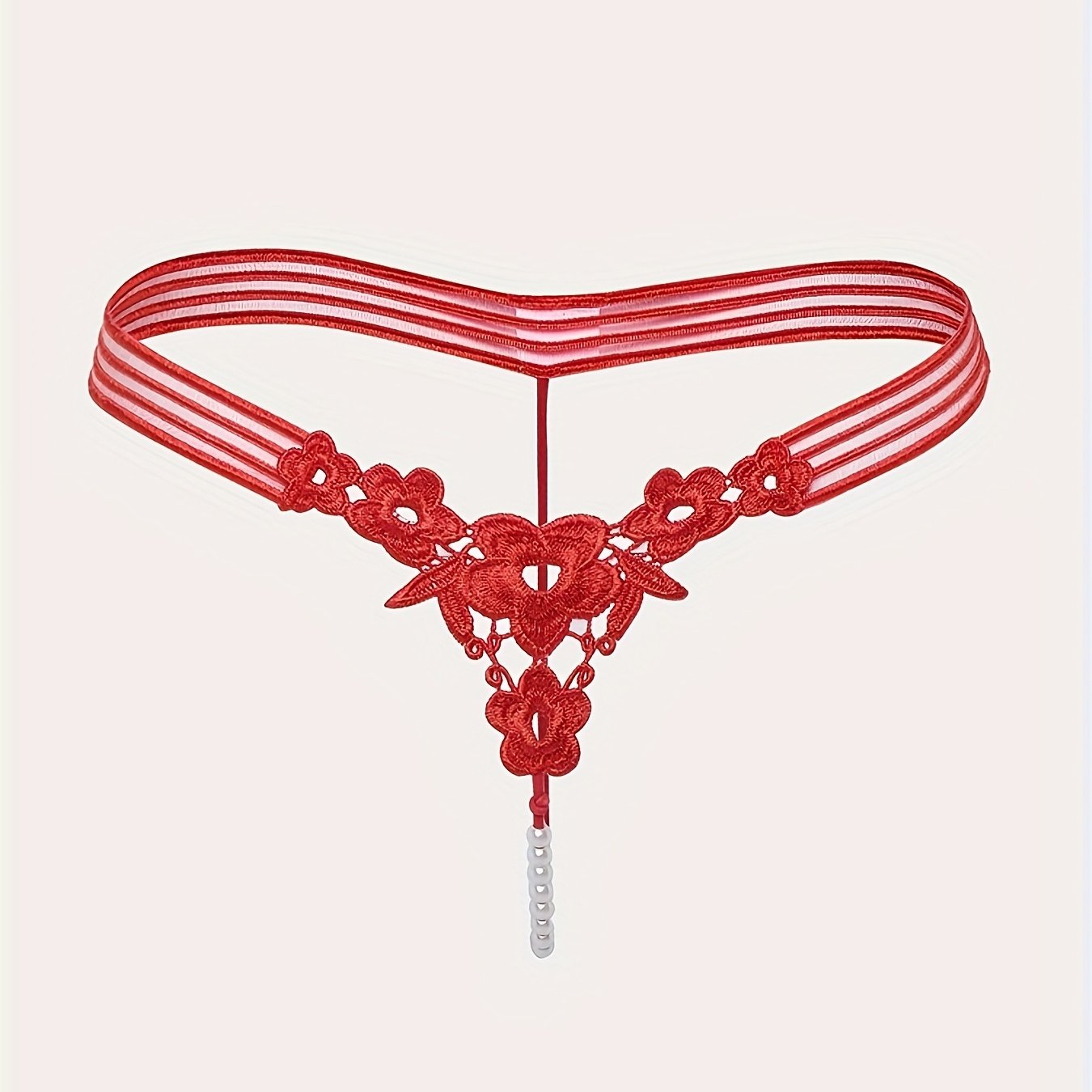 Women's Red Polyester Knit Thong Panties with Embroidered V-String and Drop Waist