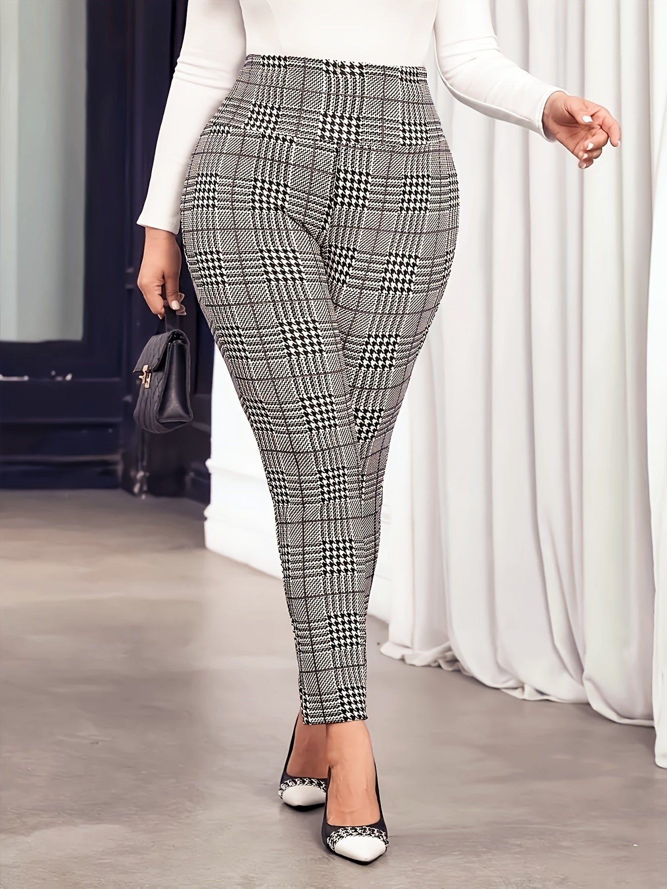 Plus Size Houndstooth Leggings High Waist Stretchy Non-See-Through All Seasons