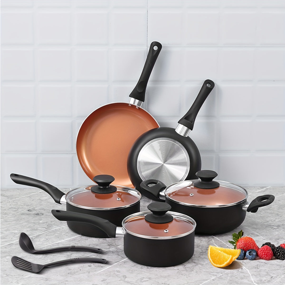 Set of 10 Nonstick Cookware Pots and Pans with Ceramic Coating for Family Use