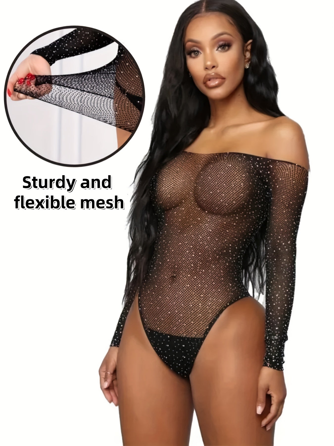 Plus Size Women's Lingerie Bodysuit with Sparkling Stars Black Long Sleeve Rhinestone Yoga Suit
