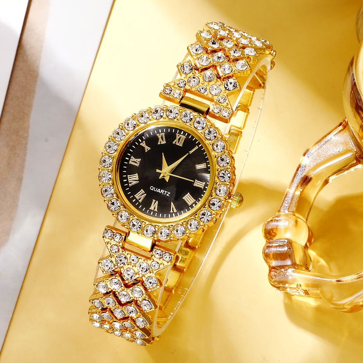 Ayollar uchun hashamatli rhinestone kvarts soat to'plami, zargarlik sovg'a qutisi bilan, ona yoki uning uchun