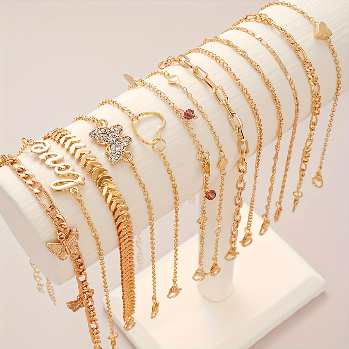 13-Piece Gold-Tone Anklet Set with Butterfly and Love Charms Adjustable Foot Jewelry for Women