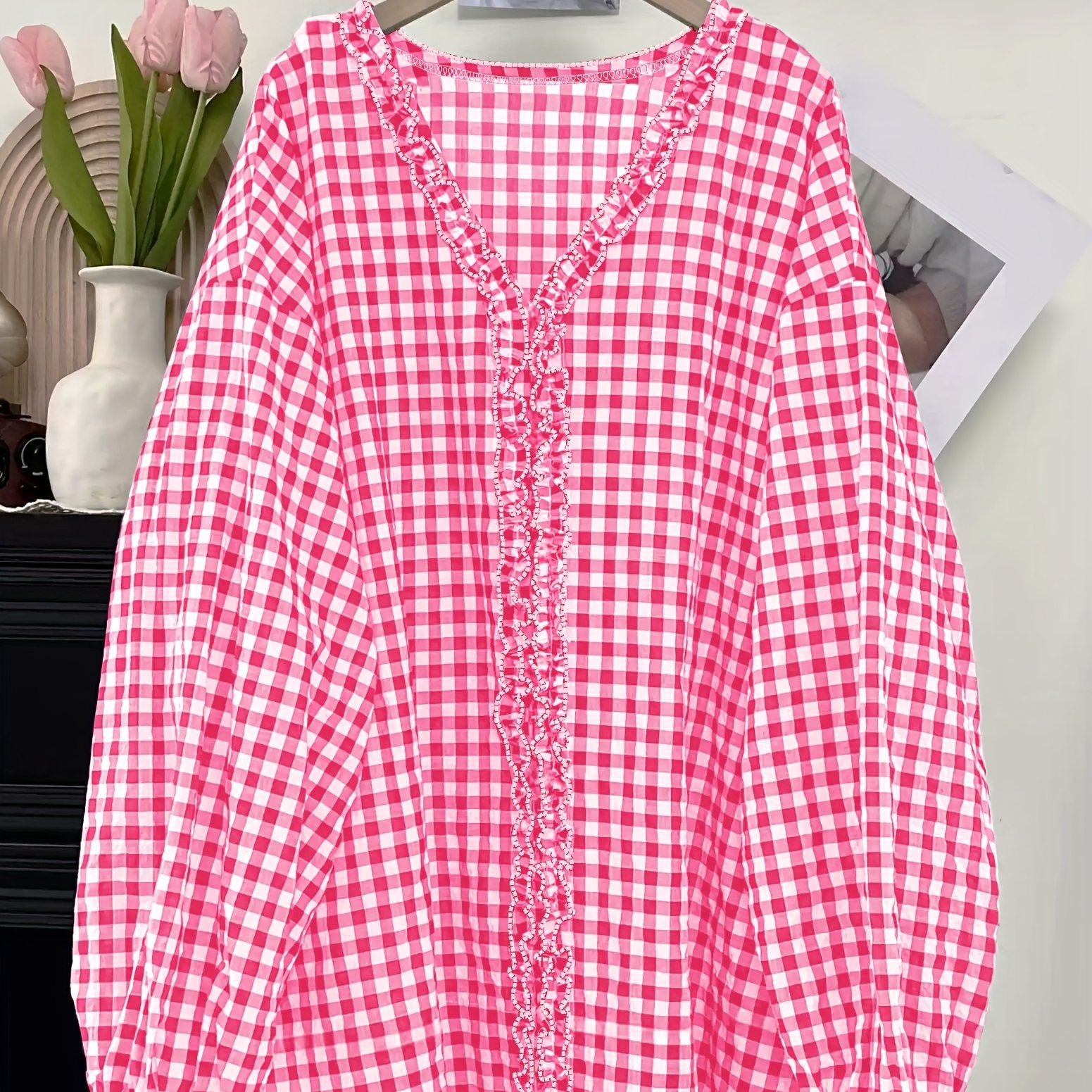 Plus Size Women's Loose Checkered Wood Ear Flap Shirt