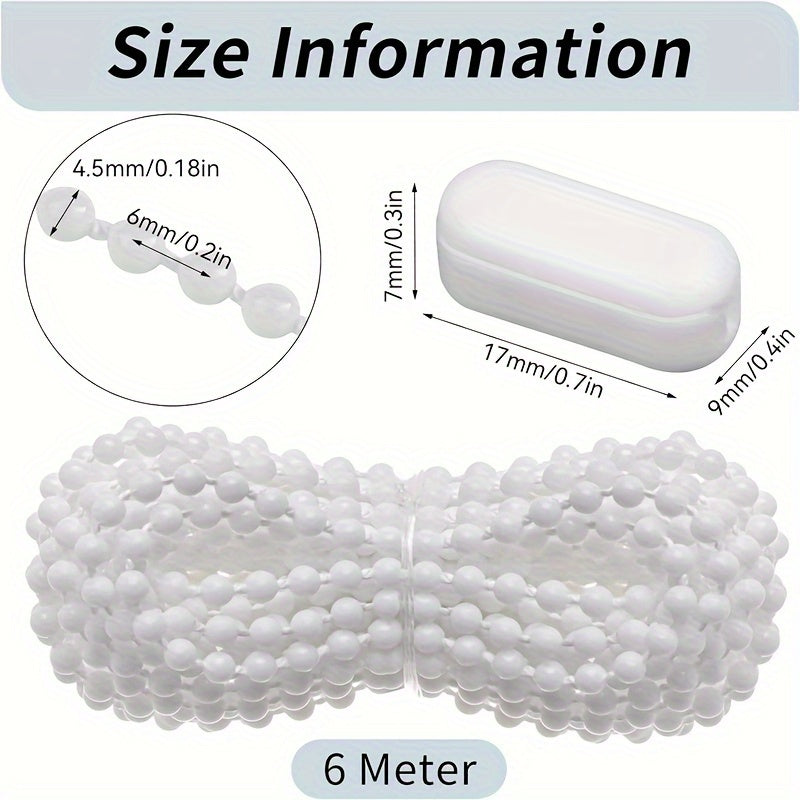 Set of 11 Curtain Bead Chain and Buckle White Pull Beads 6 Meters with Connectors