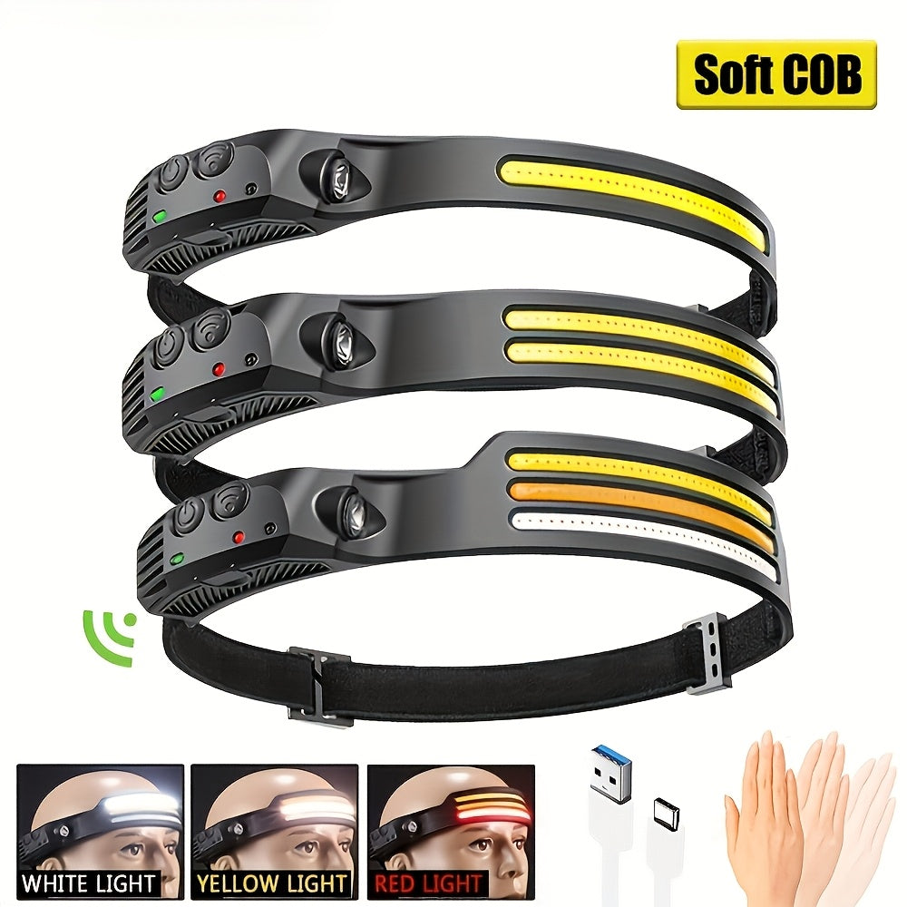 USB Rechargeable LED Headlamp with Motion Sensor for Camping Hiking Running and Fishing