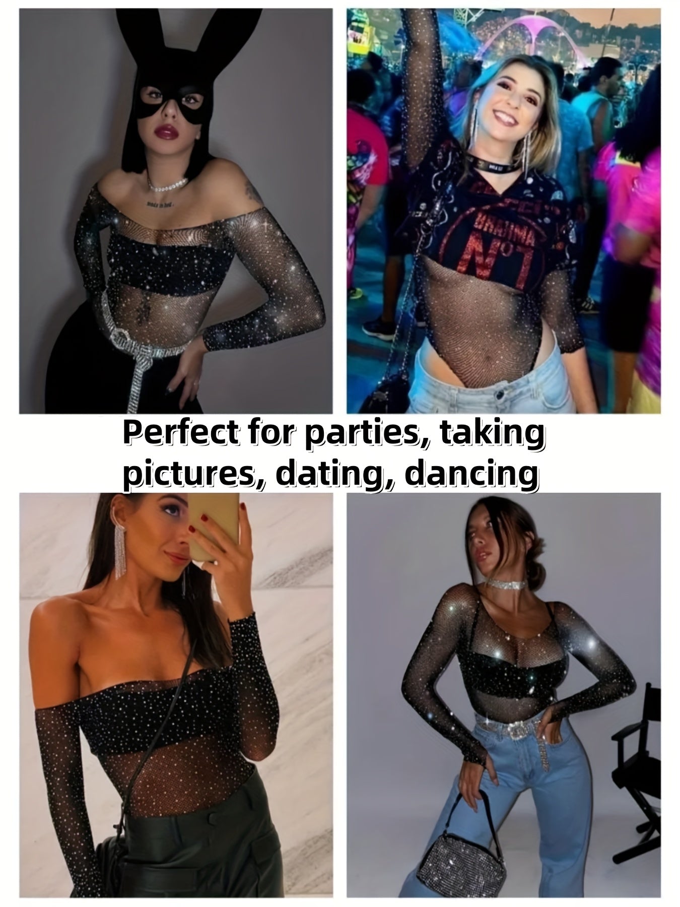 Plus Size Women's Lingerie Bodysuit with Sparkling Stars Black Long Sleeve Rhinestone Yoga Suit