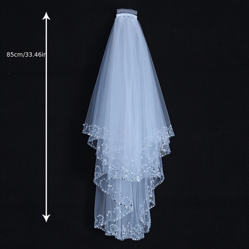 Women's White Head Veil with Comb and Sequins Edge for Wedding Bridal Accessories