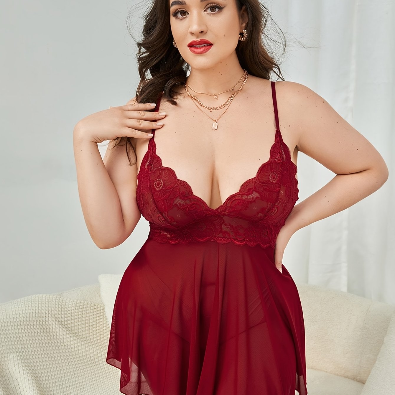 Women's Plus Size Lingerie Dress Deep V-Neck Lace Babydoll with Suspender and Thong