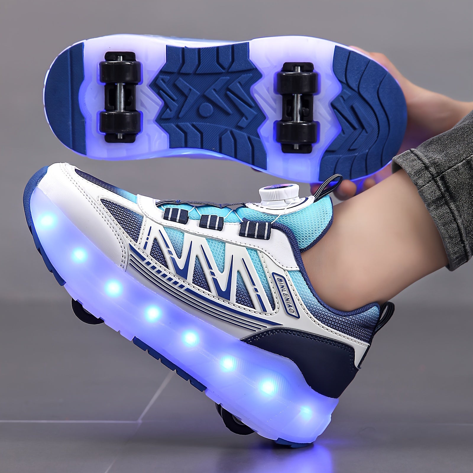 Zapatillas de skate con LED para niños, parte superior de malla, luces azules que brillan, casuales, deportivas