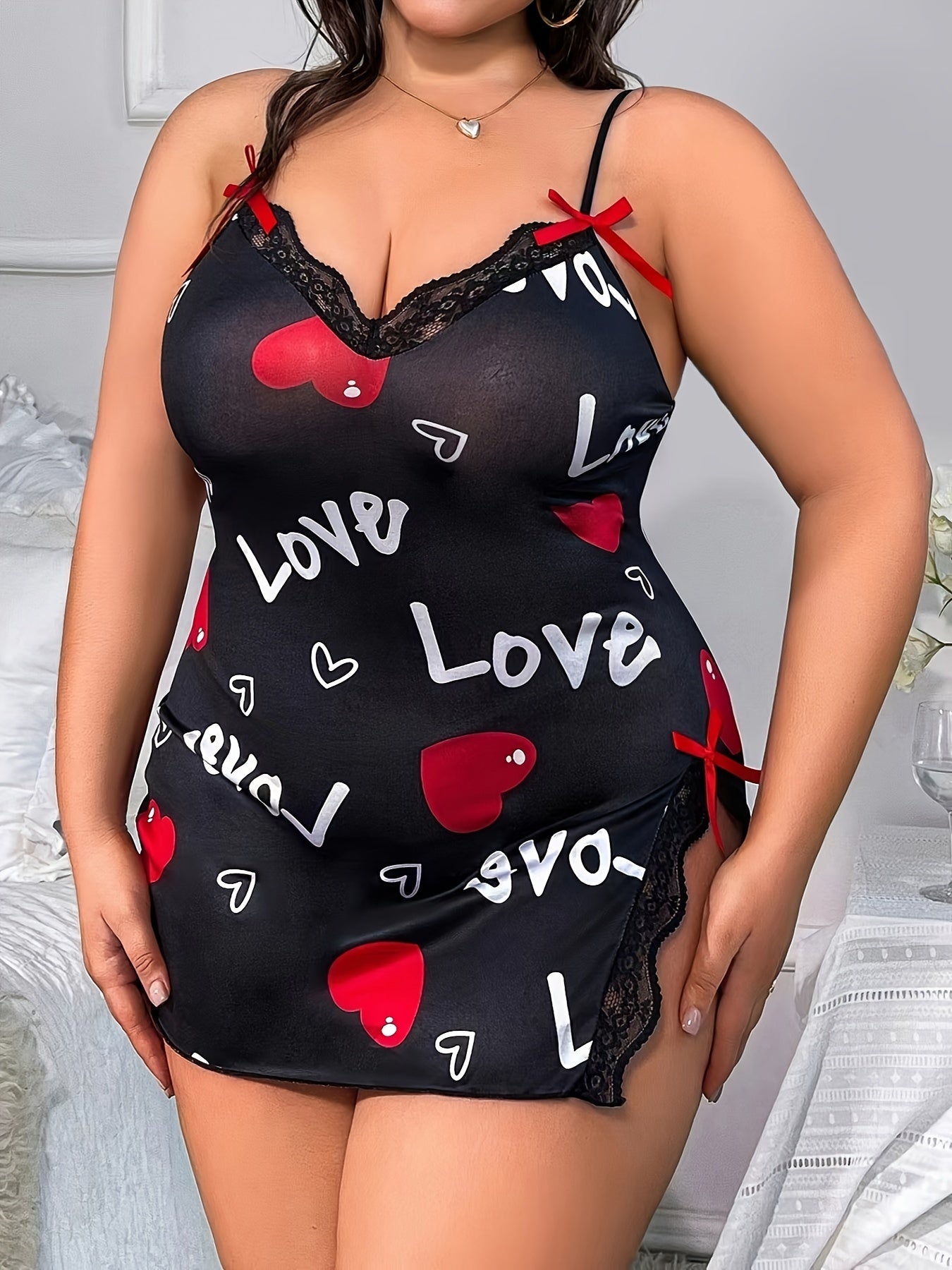 Plus Size Women's Lace Slip Dress with Heart Print and Bow Decor