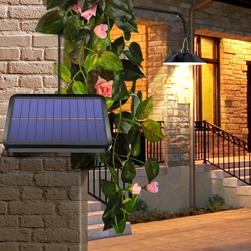 Lámpara colgante LED solar con control remoto, doble cabezal, lámpara exterior suspendida para jardín, porche, autocaravana y camping