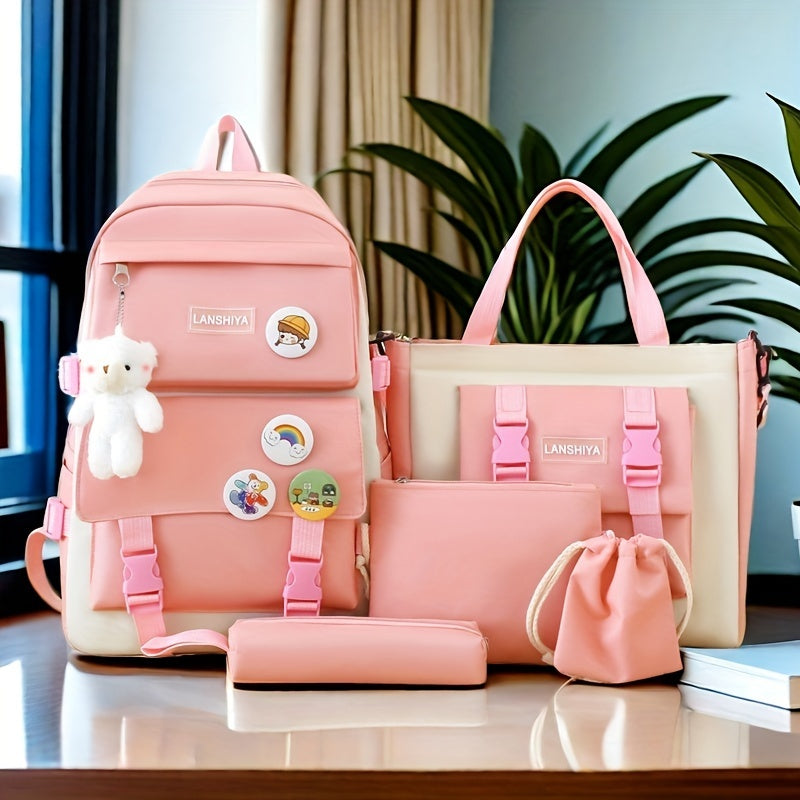 5-ta qismli maktab sumkasi to'plami, kollej uchun kanvas sumka, mo'ynali ayiqcha tanga hamyonchasi, qalam sumkasi va crossbody sumka