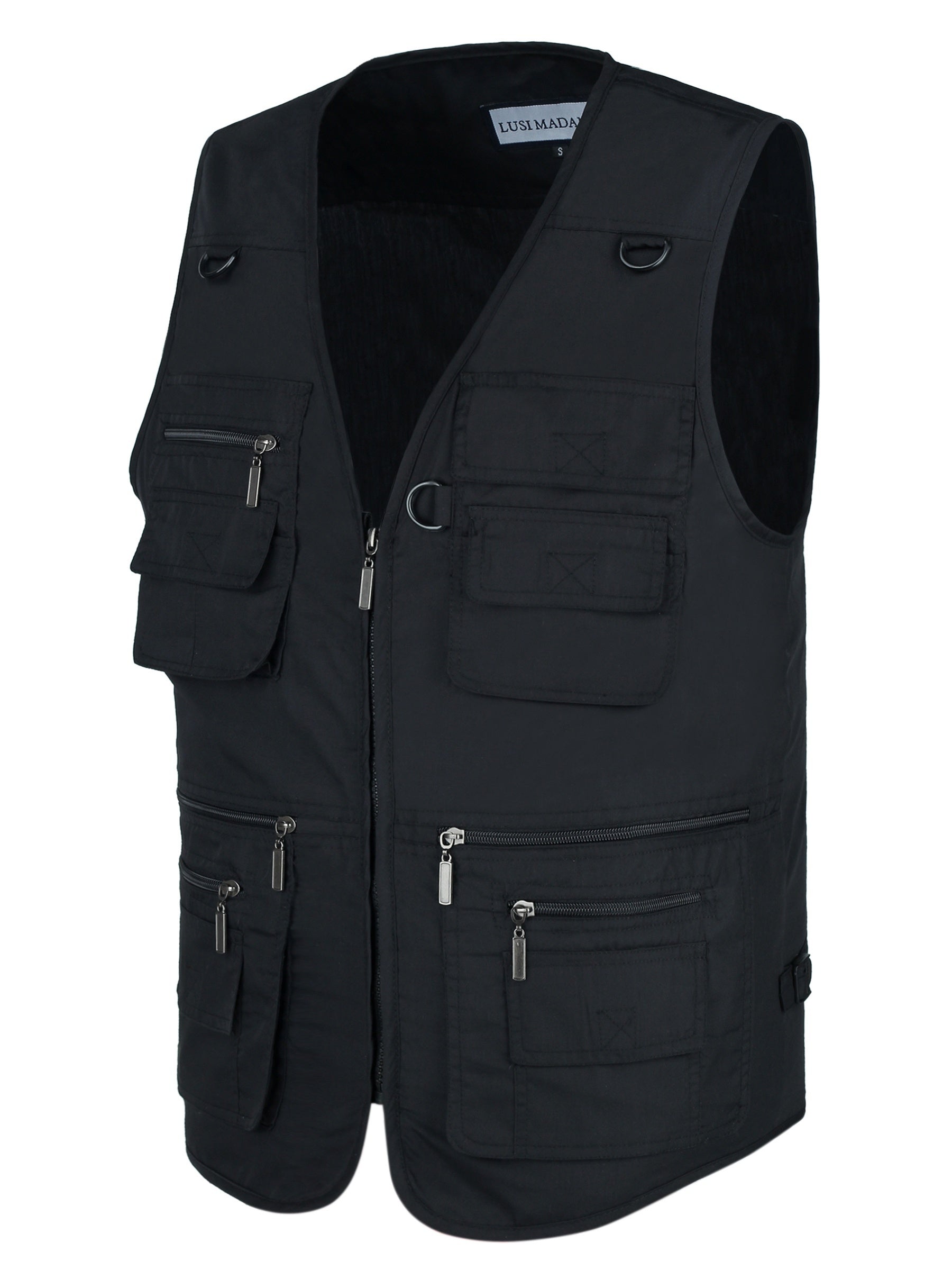 Men's Plus Size Black Polyester Cargo Vest with Multiple Pockets for Outdoor Activities