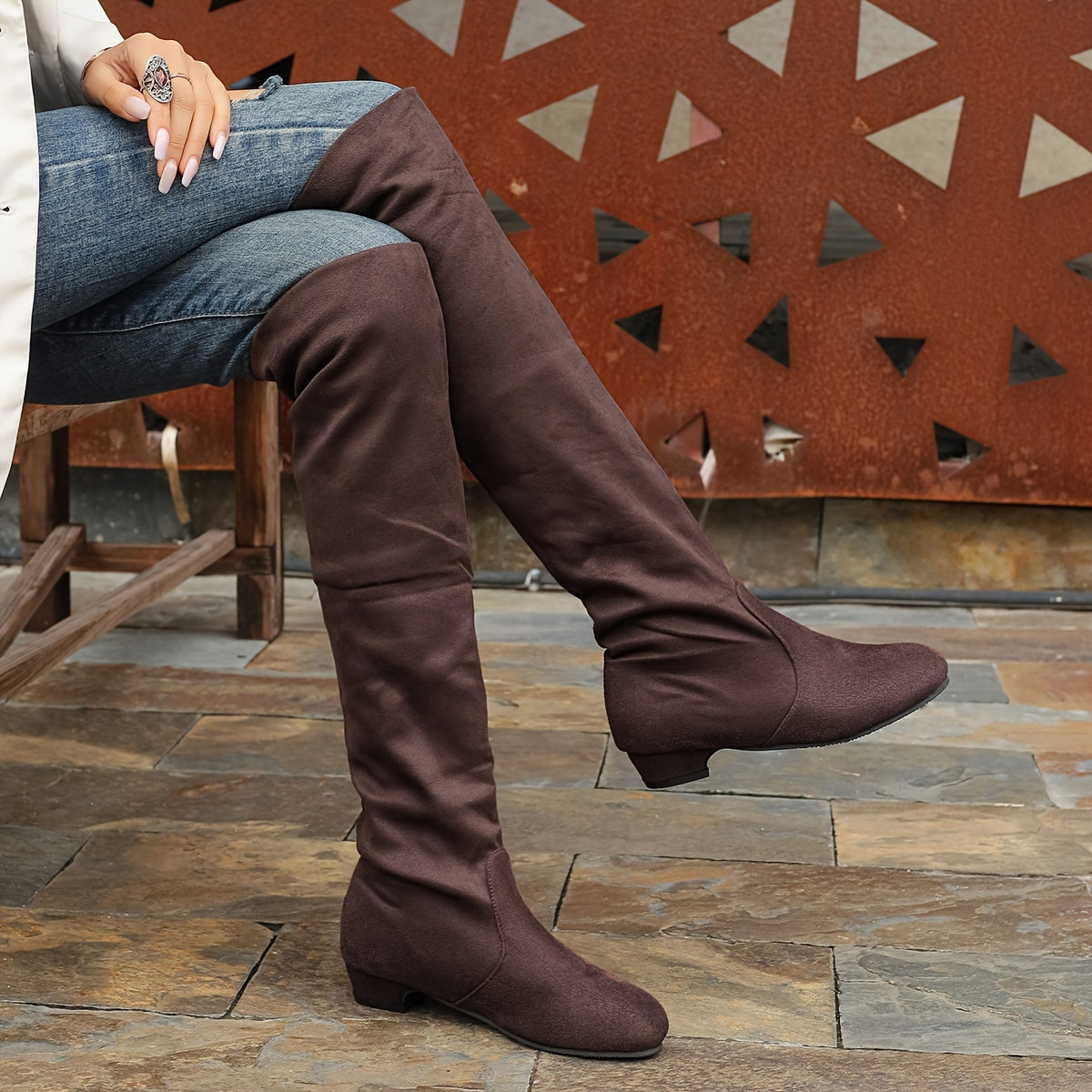 Women's Leather Low-Heeled High-Top Boots Large Sizes